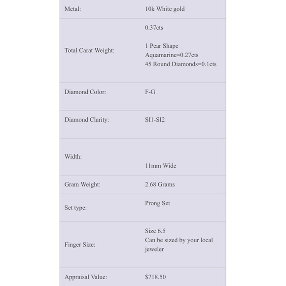 Stunning solid 10k white gold aquamarine and Diamond pear shape ring size 6.5 - Picture 7 of 7